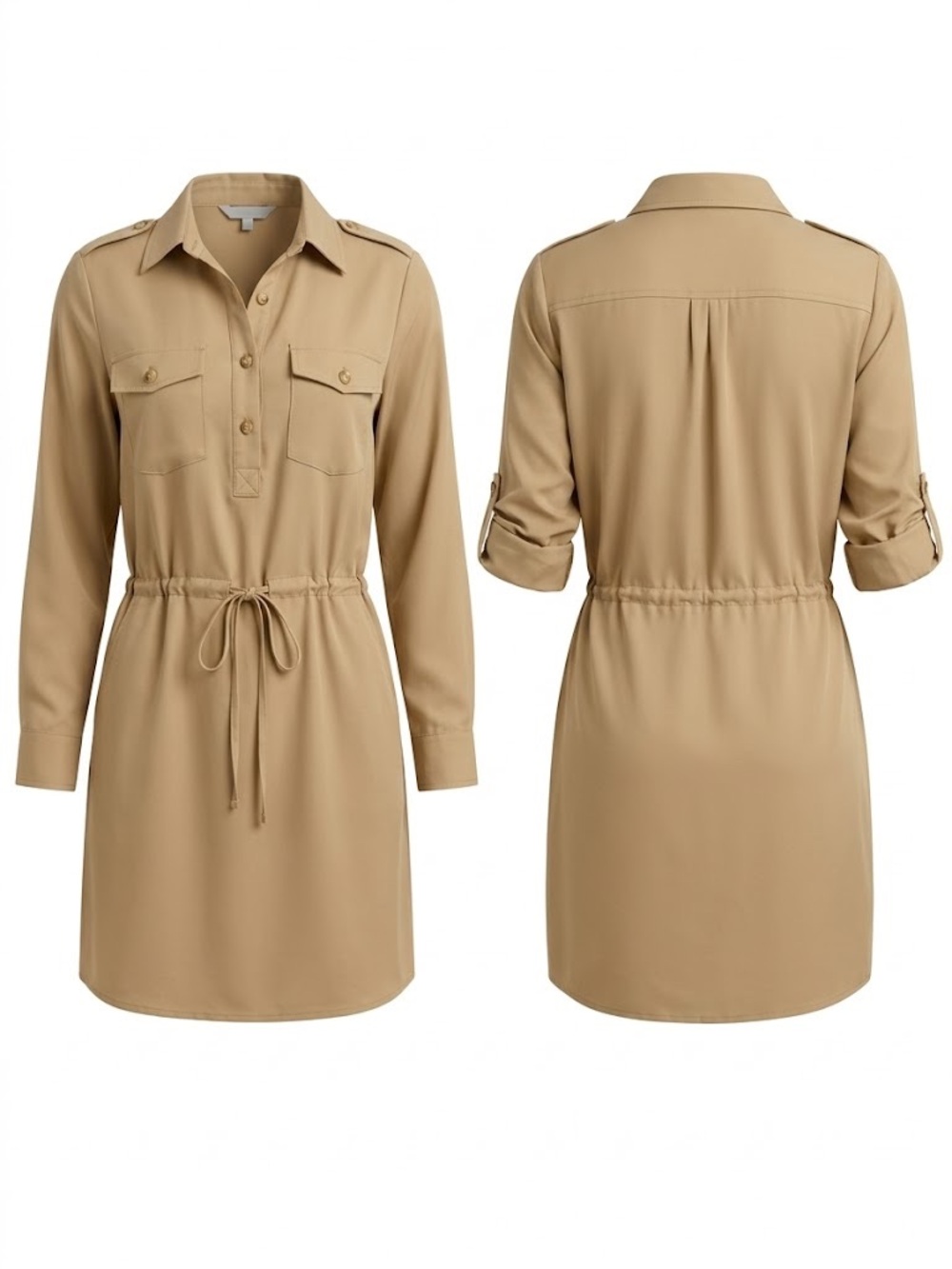 Classic Drawstring Shirt Dress in Camel